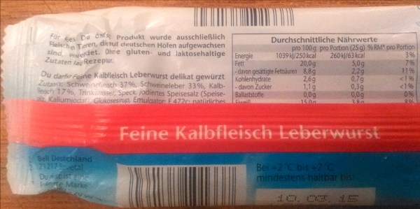 Zutatenliste der "Du darfst" Kalbfleisch Leberwurst